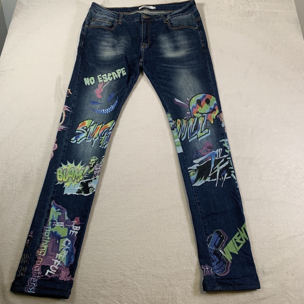 Sugarhill Psycho Jeans Mens 36 Y2K‎ Graffiti Anime Skinny Streetwear Dark Wash